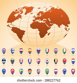 World globe with flags of different countries. Vector illustration.