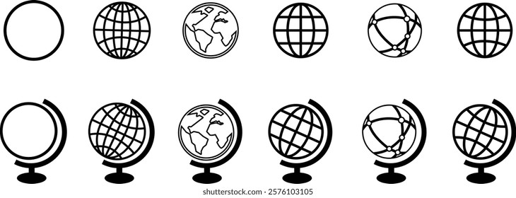 World globe in flat, line icon set. Vector for apps or website Earth global country map planet Travel internet globe sign symbol isolated on transparent background international communication service