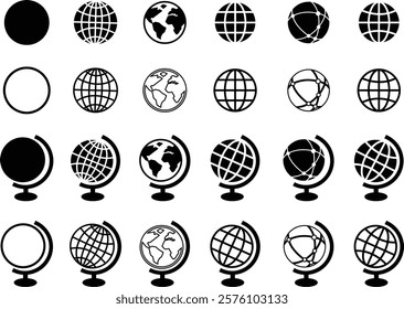 World globe in flat, line icon set. Vector for apps or website Earth global country map planet Travel internet globe sign symbol isolated on transparent background international communication service