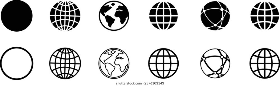 World globe in flat, line icon set. Vector for apps or website Earth global country map planet Travel internet globe sign symbol isolated on transparent background international communication service