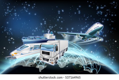 World globe flight paths transport logistics background concept with plane, truck and train