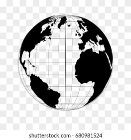 World globe frame in black on a transparent background with North and South America, Africa and Europe in front.