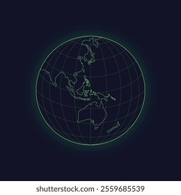 World globe. Futuristic globe map isolated on white background. Asia, Oceania. Cyberpunk sphere. Earth globe icon. Vector illustration