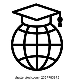 World, globe in garduation cap line icon, education concept, communication study vector sign on white background, outline style icon for mobile concept and web design. Vector graphics
