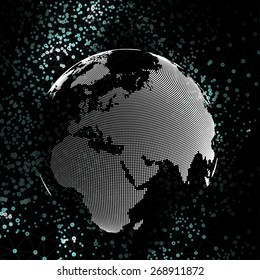 World globe, global network. Molecule structure, black background for communication, science vector illustration.