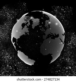 World globe, global network. Molecule structure, black background for communication, science vector illustration.
