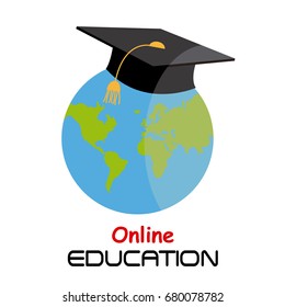 World globe with graduation cap. Icon education online