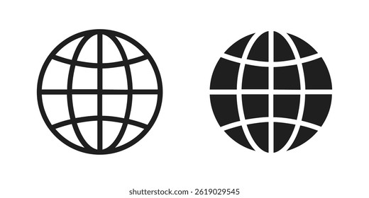 World globe grid icon set, Earth longitude and latitude line, set Earth globe hemispheres, linear striped globes in outline and solid style