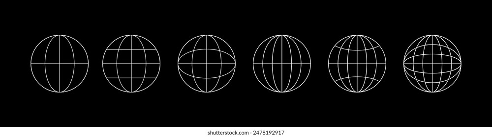 World globe grids in circle form. Linear striped spheres, earth latitude and longitude line grid. Retro futuristic design elements. Vector illustration.