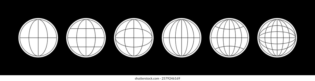World globe grids in circle form. Linear striped spheres, earth latitude and longitude line grid. Retro futuristic design elements. Vector illustration.