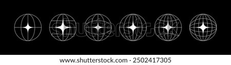 World globe grids in circle form with stars shapes. Linear striped spheres, earth latitude and longitude line grid. Retro futuristic design elements. Vector illustration.