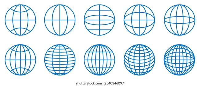 Mundo globo grades ícone conjunto, longitude da Terra e linha de latitude, definir hemisférios do globo da Terra, globos listrados lineares