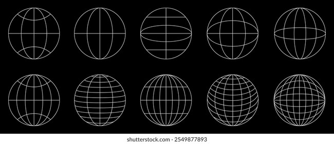 Mundo globo grades ícone conjunto, longitude da Terra e linha de latitude, definir hemisférios do globo da Terra, globos listrados lineares - vetor