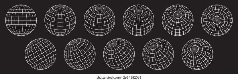 World globe grids icon set, Earth longitude and latitude line wireframe spheres, Earth globe hemispheres set, Vector linear striped globes