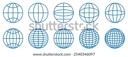 World globe grids icon set, Earth longitude and latitude line, set Earth globe hemispheres, linear striped globes