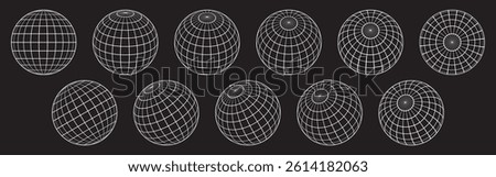 World globe grids icon set, Earth longitude and latitude line wireframe spheres, Earth globe hemispheres set, Vector linear striped globes