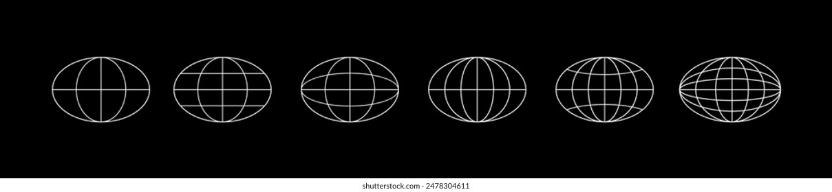 World globe grids in oval form. Linear striped spheres, earth latitude and longitude line grid. Retro futuristic design elements. Vector illustration.