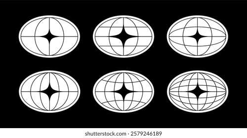 World globe grids in oval form with stars shapes. Linear striped spheres, earth latitude and longitude line grid. Retro futuristic design elements. Vector illustration.
