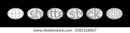 World globe grids in oval form. Linear striped spheres, earth latitude and longitude line grid. Retro futuristic design elements. Vector illustration.