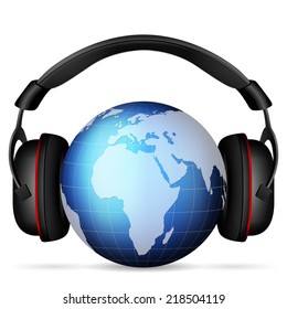 World globe with headphone on a white background.