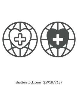 World globe with heart and medical cross line and solid icon, human rescue concept. Vector graphics. Planet, hear shape with plus sign on white background, outline style icon for mobile or web design