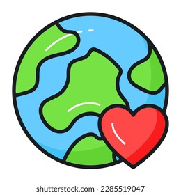 World globe with heart sign denoting icon of love earth in trendy style, international earth day vector
