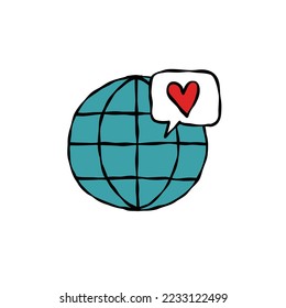 world globe and heart symbol doodle icon, vector illustration