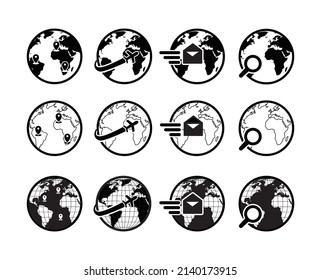 World Globe Icon Collection für Web-Commerce-Technologie mit skurriler, schwarz-weißer Vektorgrafik