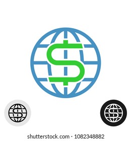 World globe icon with dollar currency symbol inside. Line style earth globe icon with money symbol. Send, transfer or international exchange of money theme.