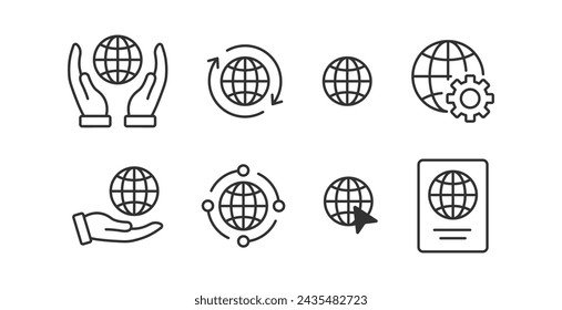 World globe icon. Earth planet sign. Network click, passport. Web global with gear element. Hand hold a world.