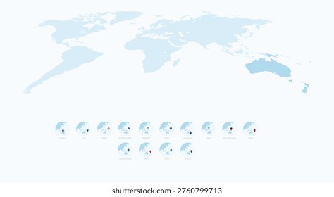 World Globe Icon Featuring Oceanian Flags, Alphabetically Sorted.