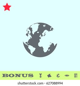 World Globe icon flat. Grey pictogram on blue background. Vector illustration symbol and bonus buttons medal, cow, earth, eye, calculator