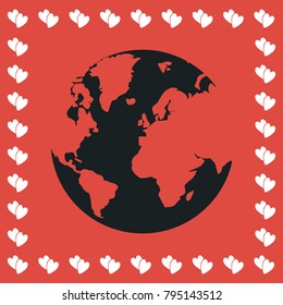 World Globe icon flat. Simple black pictogram on red background with white hearts for valentines day. Vector illustration symbol