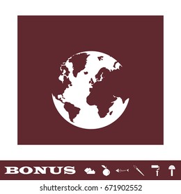 World Globe icon flat. White pictogram on brown background. Vector illustration symbol and bonus icons