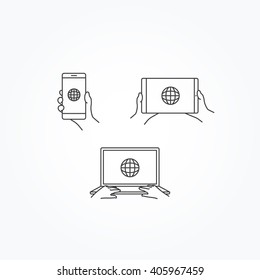 World Globe Icon on Phone, Tablet & Laptop