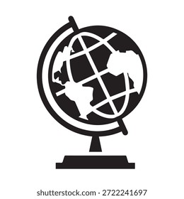 Icono mundial del globo en el soporte, Ilustración vectorial del mapa terrestre, diseño plano blanco y negro.
