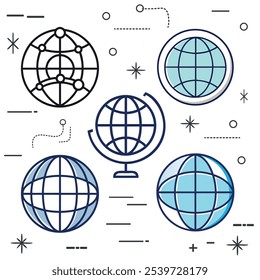 Conjunto de iconos de globo mundial. Conjunto de iconos de globo de tierra en diseño plano y lineal. 