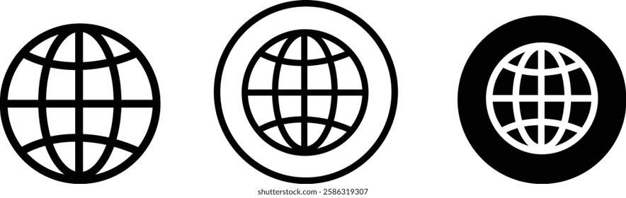 World globe icon set. Vector Earth global country map planet line icons Travel internet globe, hemispheres with continents, globes with world maps, network, sphere isolated on transparent background,