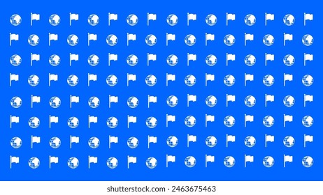 world globe icon and white flag seamless pattern. Web, website, homepage, flag icon and globe icon pattern on blue background.