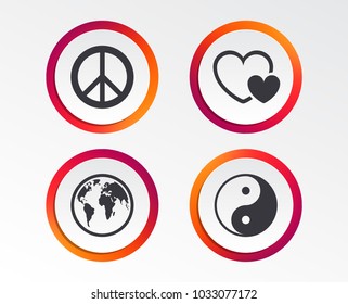 World globe icon. Ying yang sign. Hearts love sign. Peace hope. Harmony and balance symbol. Infographic design buttons. Circle templates. Vector