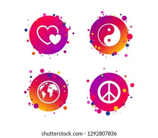 World globe icon. Ying yang sign. Hearts love sign. Peace hope. Harmony and balance symbol. Gradient circle buttons with icons. Random dots design. Vector