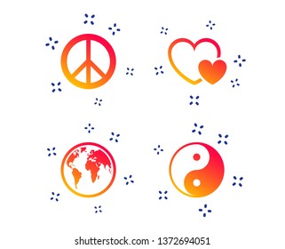 World globe icon. Ying yang sign. Hearts love sign. Peace hope. Harmony and balance symbol. Random dynamic shapes. Gradient harmony icon. Vector