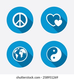 World globe icon. Ying yang sign. Hearts love sign. Peace hope. Harmony and balance symbol. Circle concept web buttons. Vector