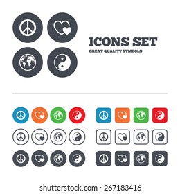 World globe icon. Ying yang sign. Hearts love sign. Peace hope. Harmony and balance symbol. Web buttons set. Circles and squares templates. Vector