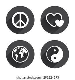 World globe icon. Ying yang sign. Hearts love sign. Peace hope. Harmony and balance symbol. Circles buttons with long flat shadow. Vector
