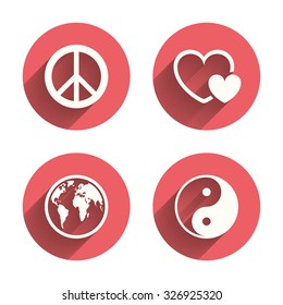 World globe icon. Ying yang sign. Hearts love sign. Peace hope. Harmony and balance symbol. Pink circles flat buttons with shadow. Vector