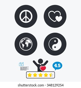 World globe icon. Ying yang sign. Hearts love sign. Peace hope. Harmony and balance symbol. Star vote ranking. Client like and think bubble. Quotes with message.