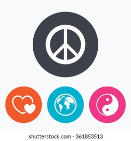 World globe icon. Ying yang sign. Hearts love sign. Peace hope. Harmony and balance symbol. Circle flat buttons with icon.