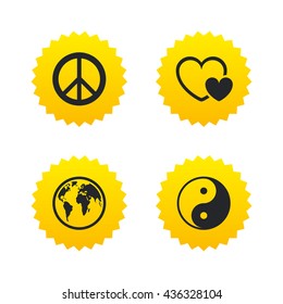 World globe icon. Ying yang sign. Hearts love sign. Peace hope. Harmony and balance symbol. Yellow stars labels with flat icons. Vector