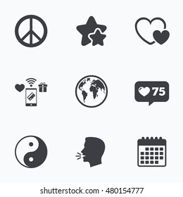 World globe icon. Ying yang sign. Hearts love sign. Peace hope. Harmony and balance symbol. Flat talking head, calendar icons. Stars, like counter icons. Vector